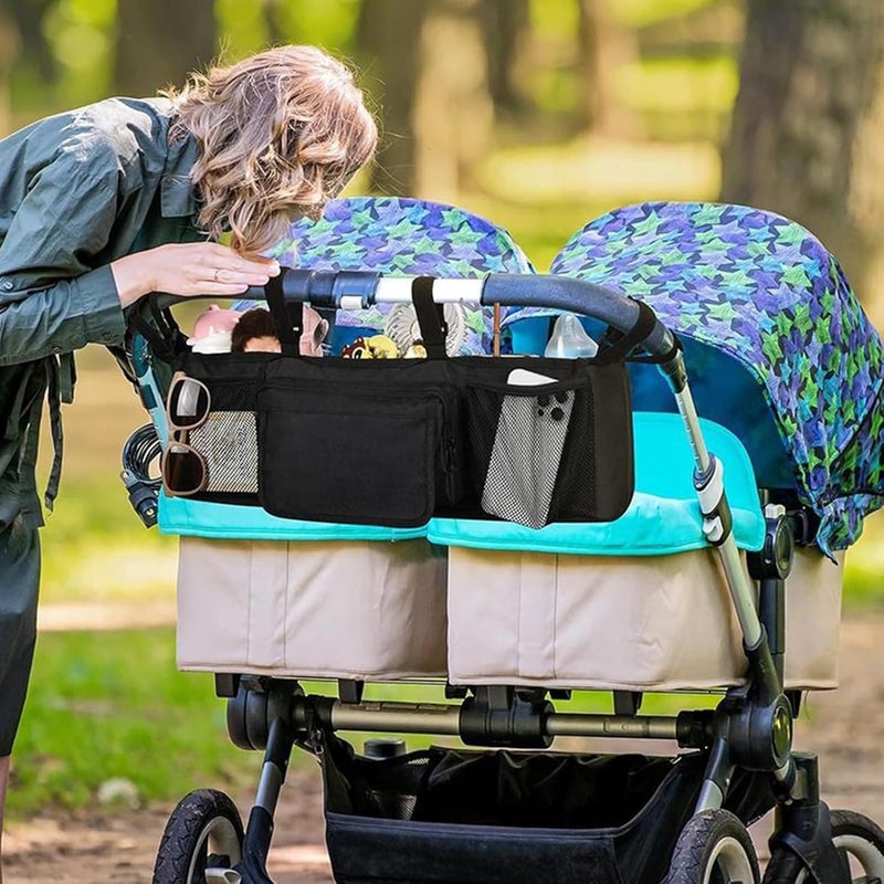 منظم عربة الأطفال المزدوجة حقيبة مقاومة للماء بثلاثة أقسام وحامل كوب للسفر والمشي في الهواء الطلق - Image 2